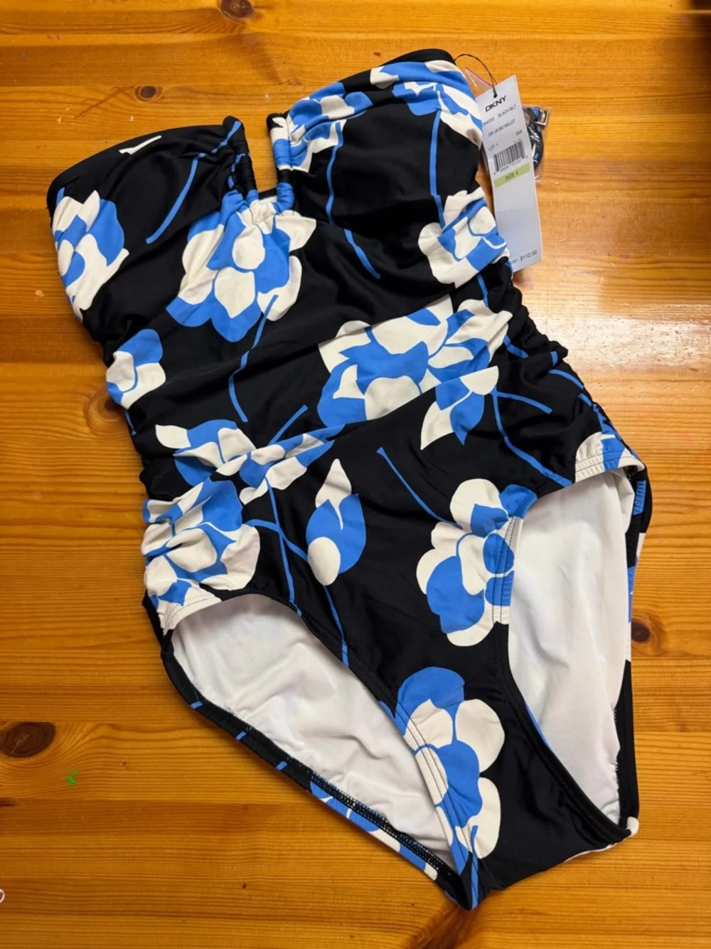 DKNY Floral Draped Bandeau Maillot One Piece Swimsuit Black Blue Floral  Size 4 - Picture 3 of 8